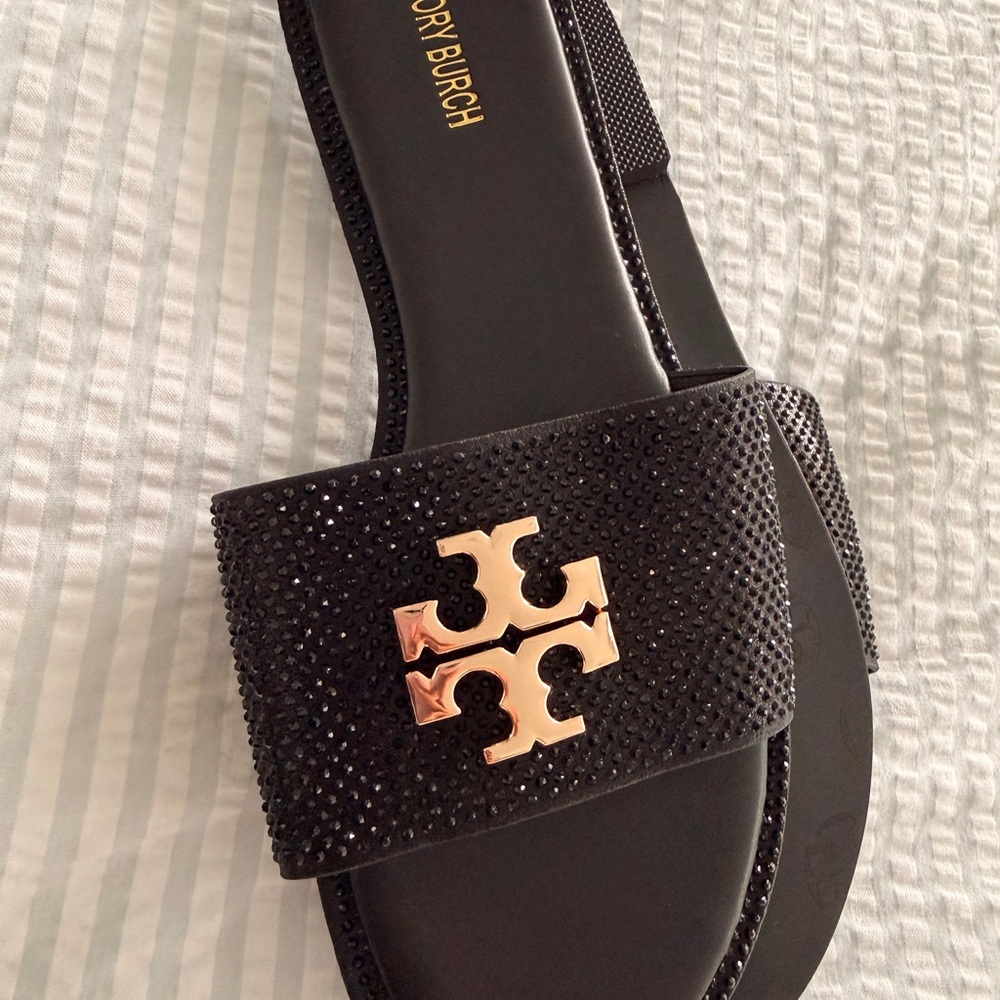 Tory Burch Black Crystal Slide Sandals with Gold Logo
